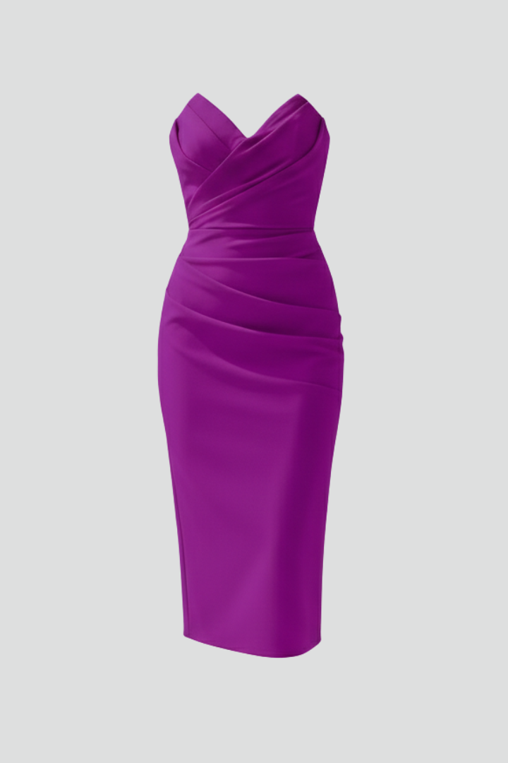 Elegant strapless ruched midi cocktail dress for women, perfect for evening wear.
