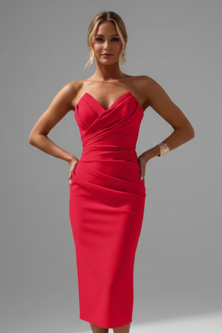 Full-length view of a women's strapless ruched midi dress, embodying summer elegance.