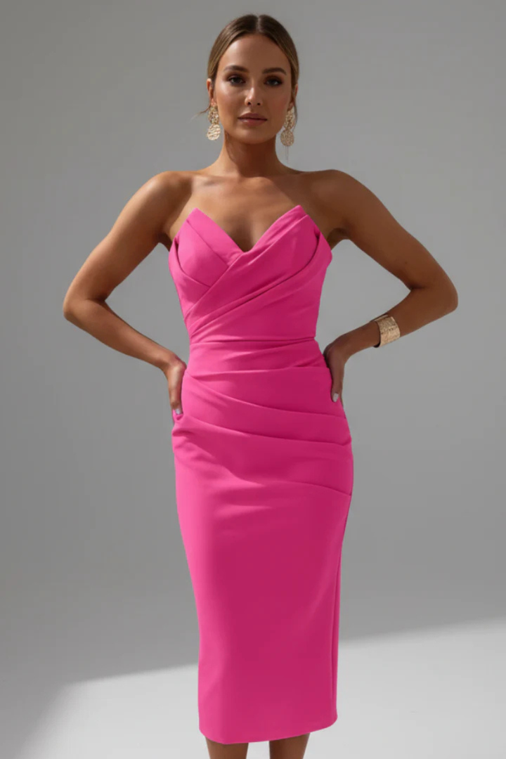 Women's elegant strapless ruched sweetheart midi bodycon dress, ideal for party, evening & formal wear.