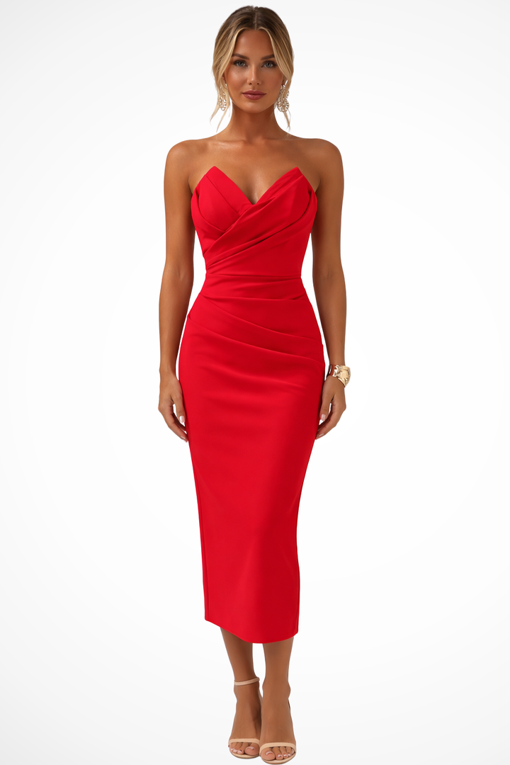 Side profile of a flattering bodycon strapless midi dress, with ruched details & elegant sweetheart neckline.