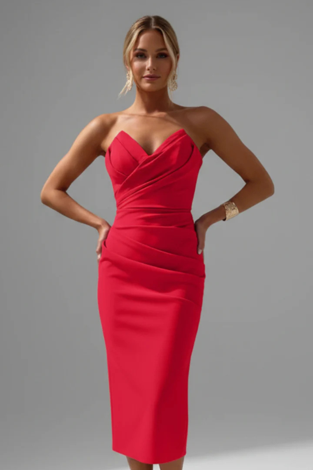 Elegant women's strapless midi dress, ruched details offer a sophisticated silhouette for formal occasions.