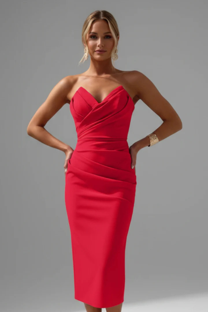 Elegant women's strapless midi dress, ruched details offer a sophisticated silhouette for formal occasions.