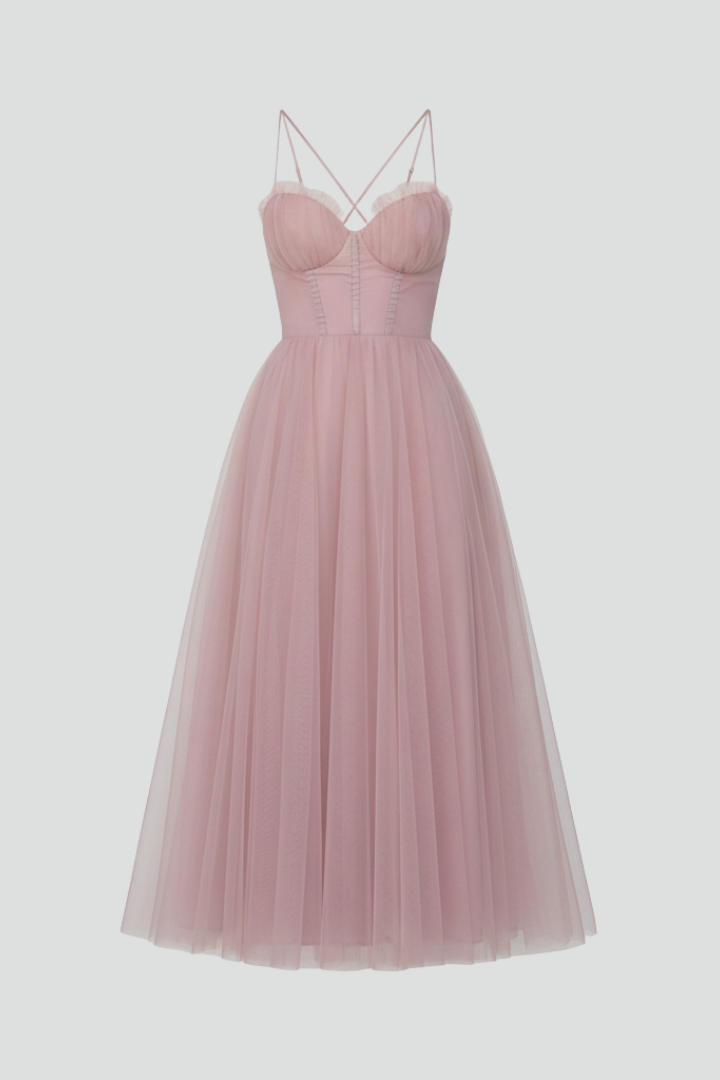 Elegant strapless tulle maxi dress for women, perfect for evening events or as a wedding guest.