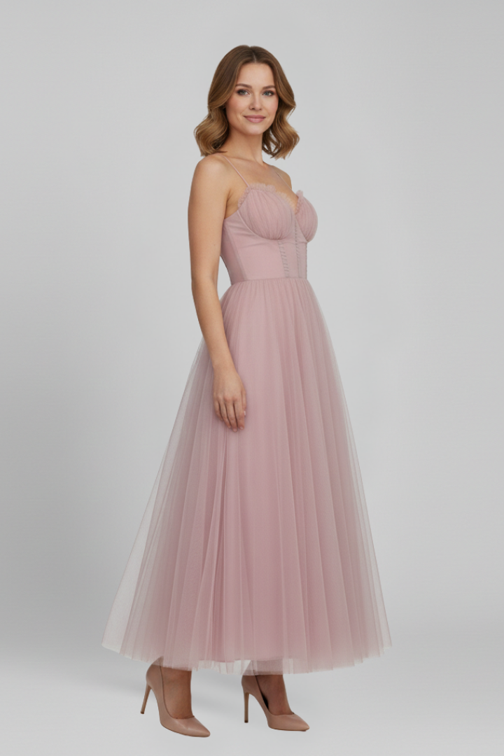 Beautiful women's strapless evening dress featuring a full tulle skirt and a flattering silhouette.