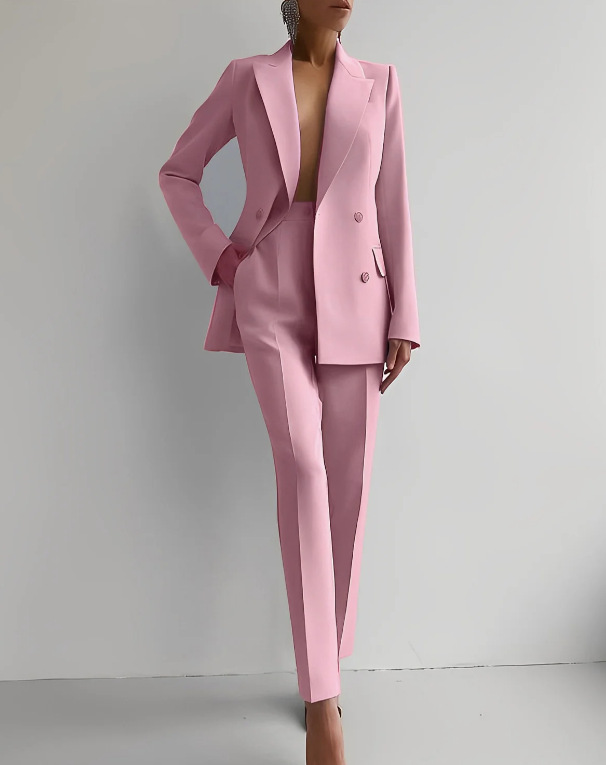 Elegant tailored women's broadcloth blazer and trousers set, ideal for formal wear and business attire.