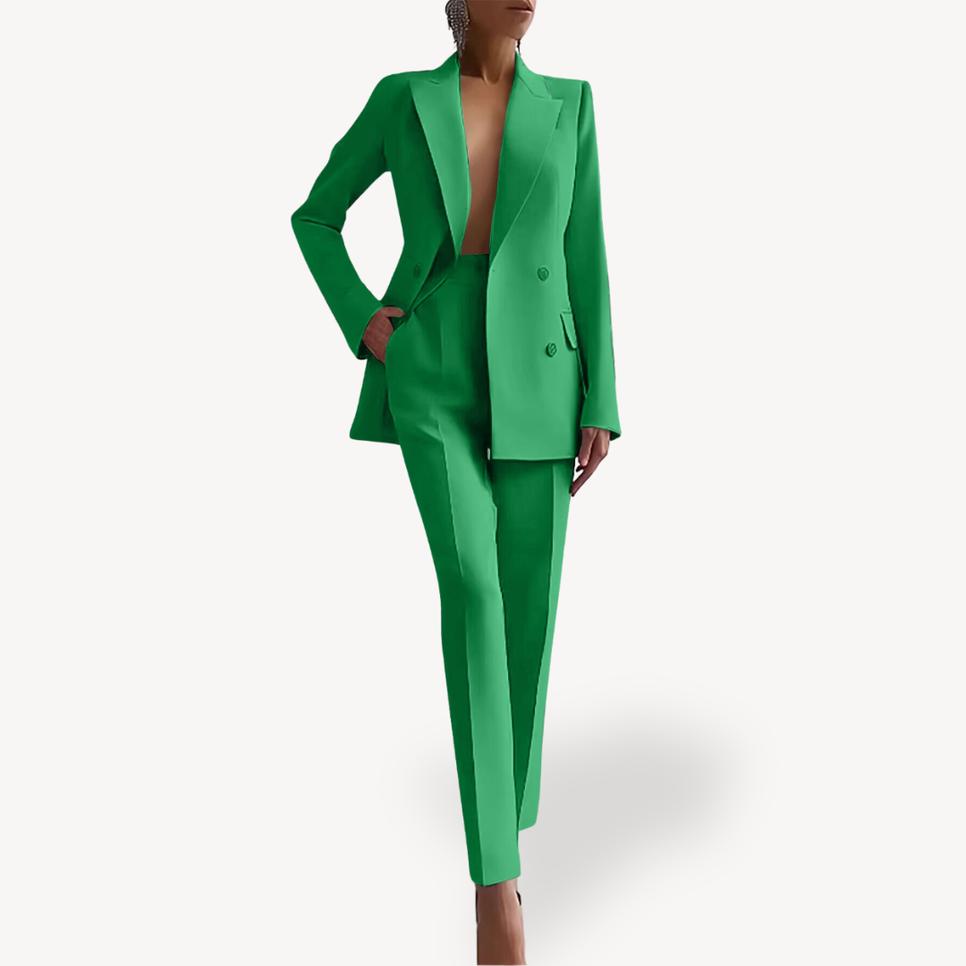 Professional women's tailored blazer and pant suit set, light blue. Trendy two-piece outfit for elegant business attire.