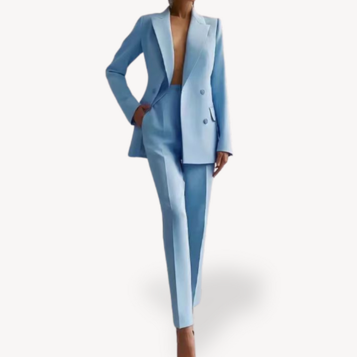 Stylish women's black tailored pant suit set with a fitted blazer. Ideal elegant and professional two-piece formal wear.