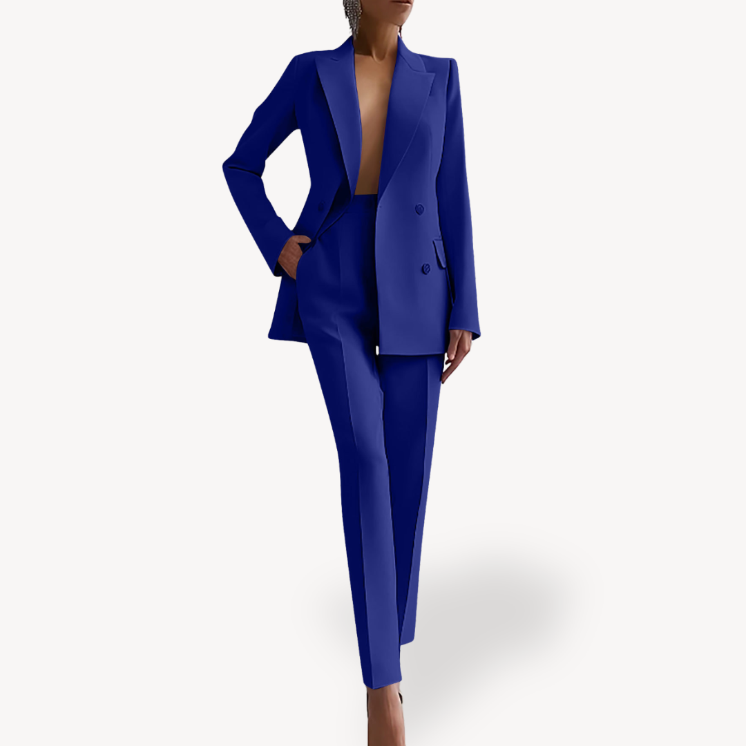 Trendy women's tan tailored two-piece pant suit set, perfect for summer. Professional blazer and pants for an elegant look.