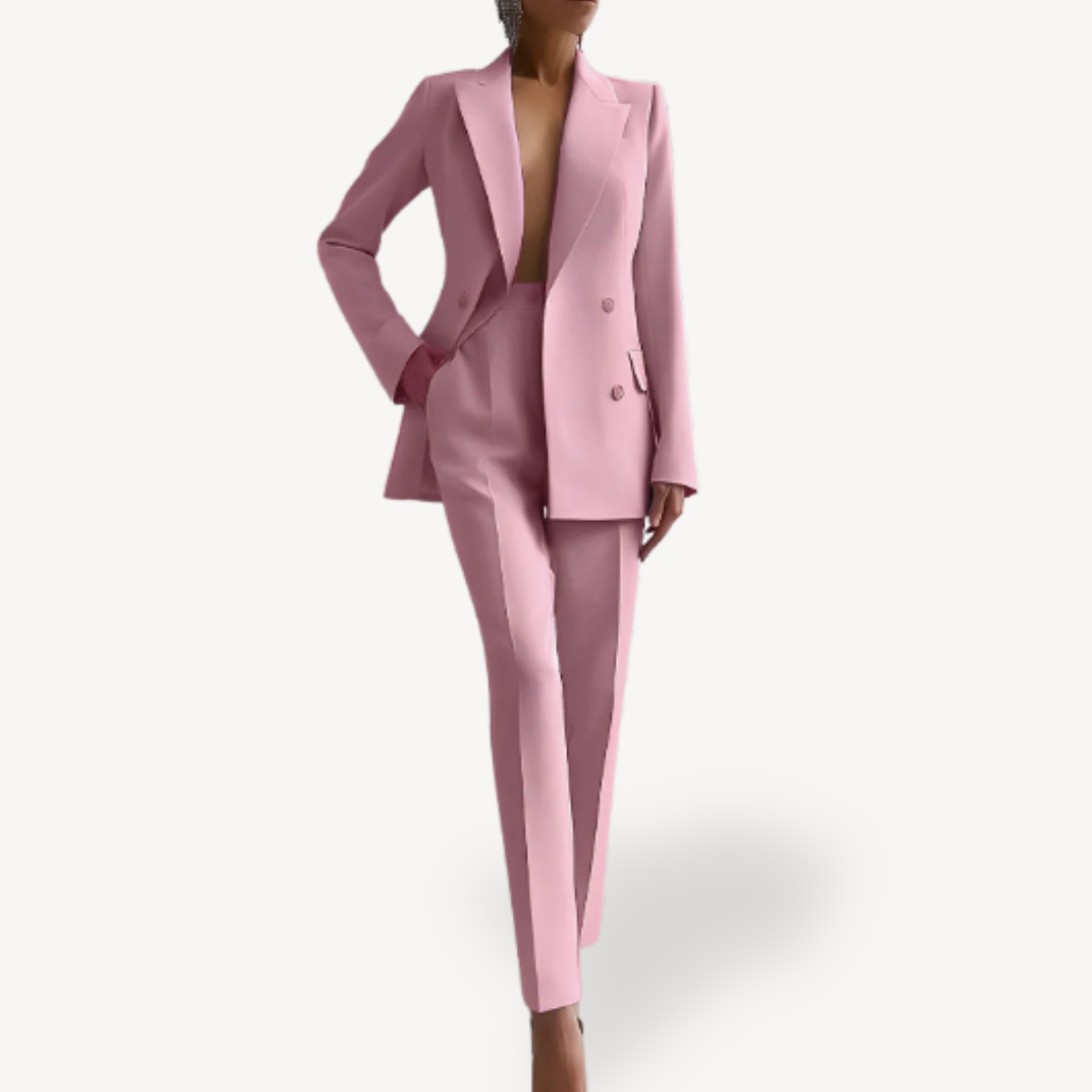 Elegant women's grey tailored pant suit set with a modern blazer. Professional two-piece formal wear for a sophisticated style.