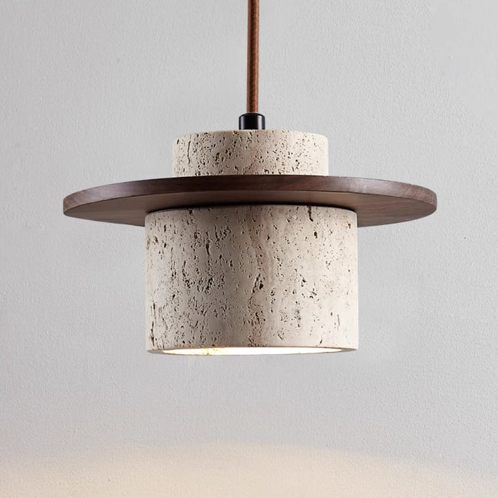 Stylish Travertine Pendant: Dimmable LED lighting, natural stone and wood design, enhances any room.