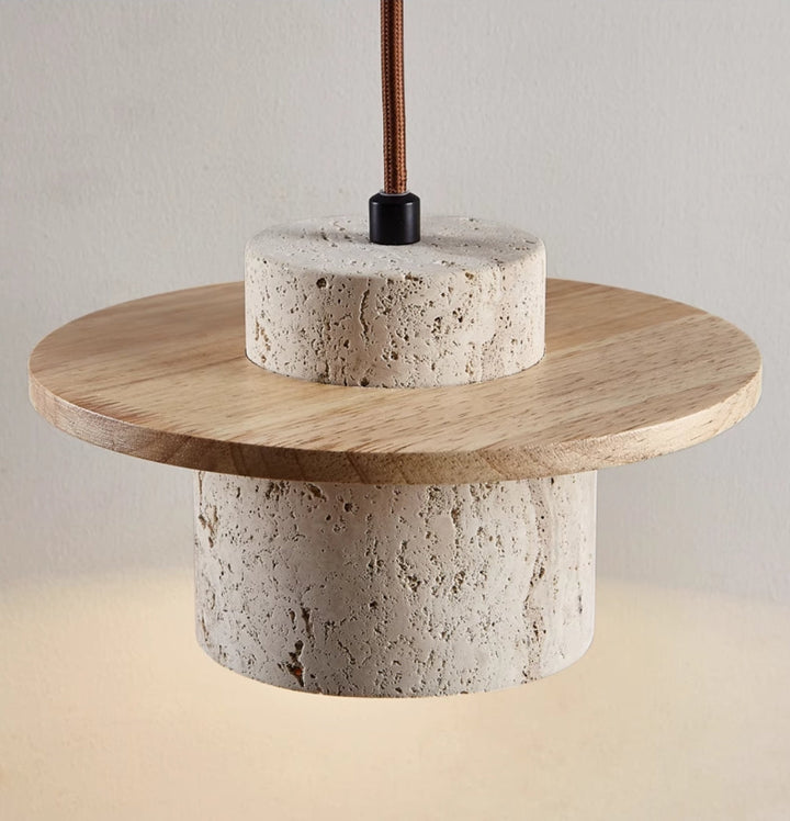 Retro-Modern Ceiling Light: Travertine and wood pendant lamp, a beautiful statement piece for home interiors.