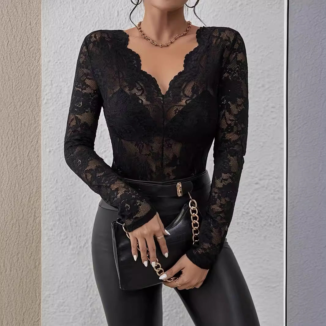 Stylish V-neck long sleeve women's patterned bodysuit, a versatile chic top for special occasions.