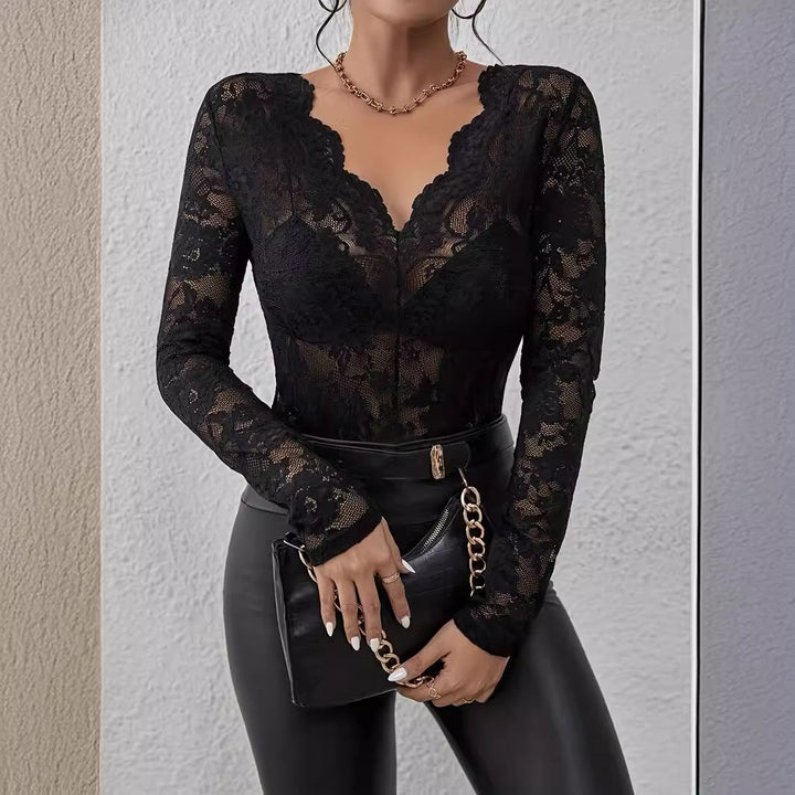 Stylish V-neck long sleeve women's patterned bodysuit, a versatile chic top for special occasions.