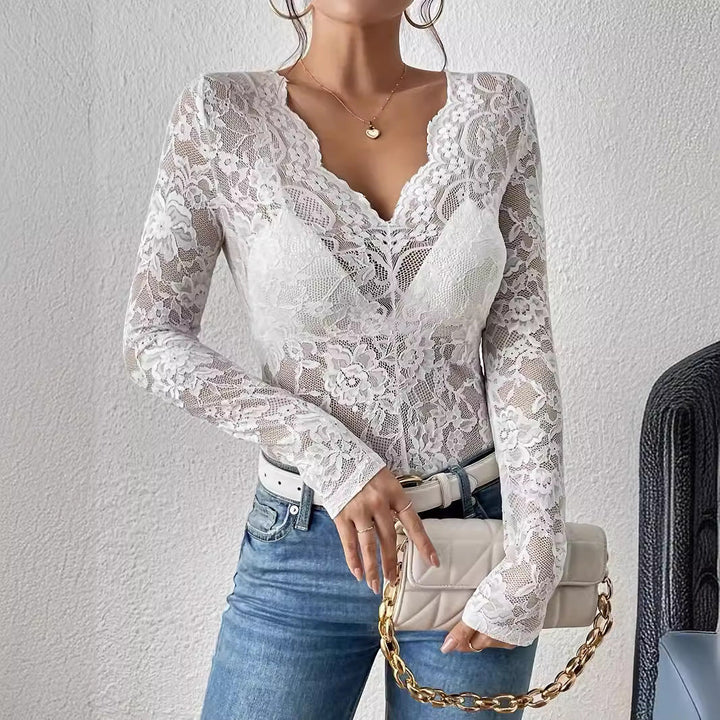 Women's long sleeve V-neck bodysuit, elegant and patterned, a fashionable ladies top for parties.