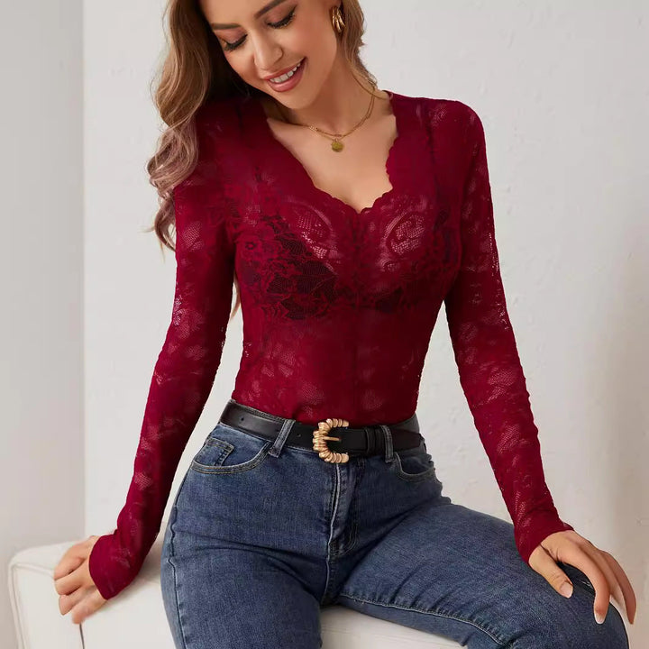 Chic patterned long sleeve V-neck bodysuit for women, a trendy and elegant fitted top.