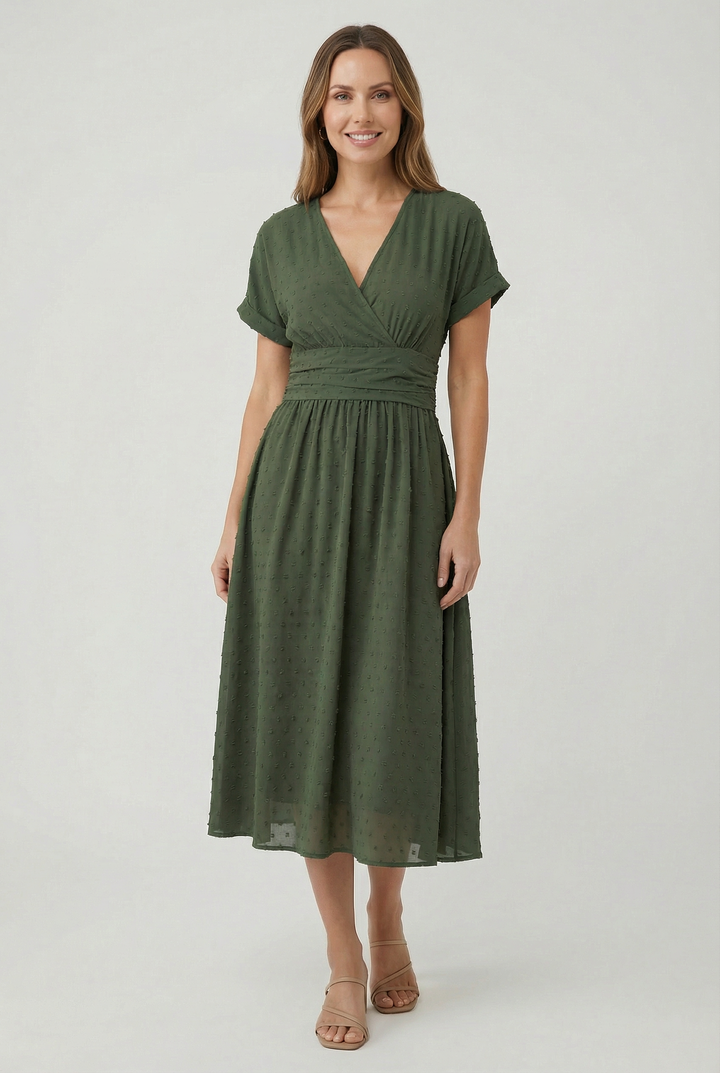 Elegant V-neck midi cocktail dress for women, perfect for parties & formal occasions.