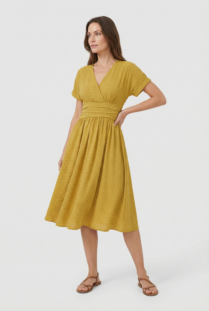 Formal women's V-neck midi dress, an elegant cocktail & evening wear choice with a flared skirt.