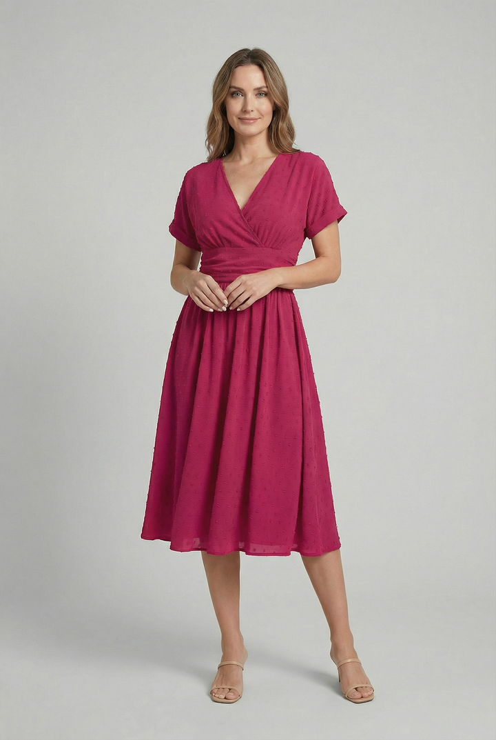 Casual elegant V-neck midi dress for women, a versatile party & cocktail dress with a flared skirt.