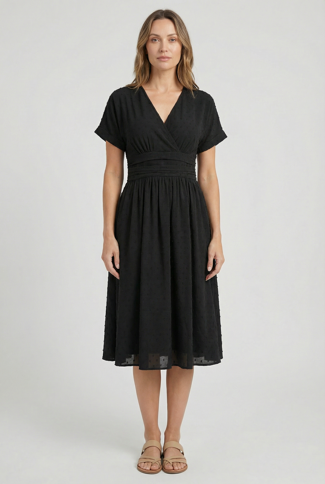 Elegant women's V-neck midi cocktail dress, a versatile sleeveless party wear option.