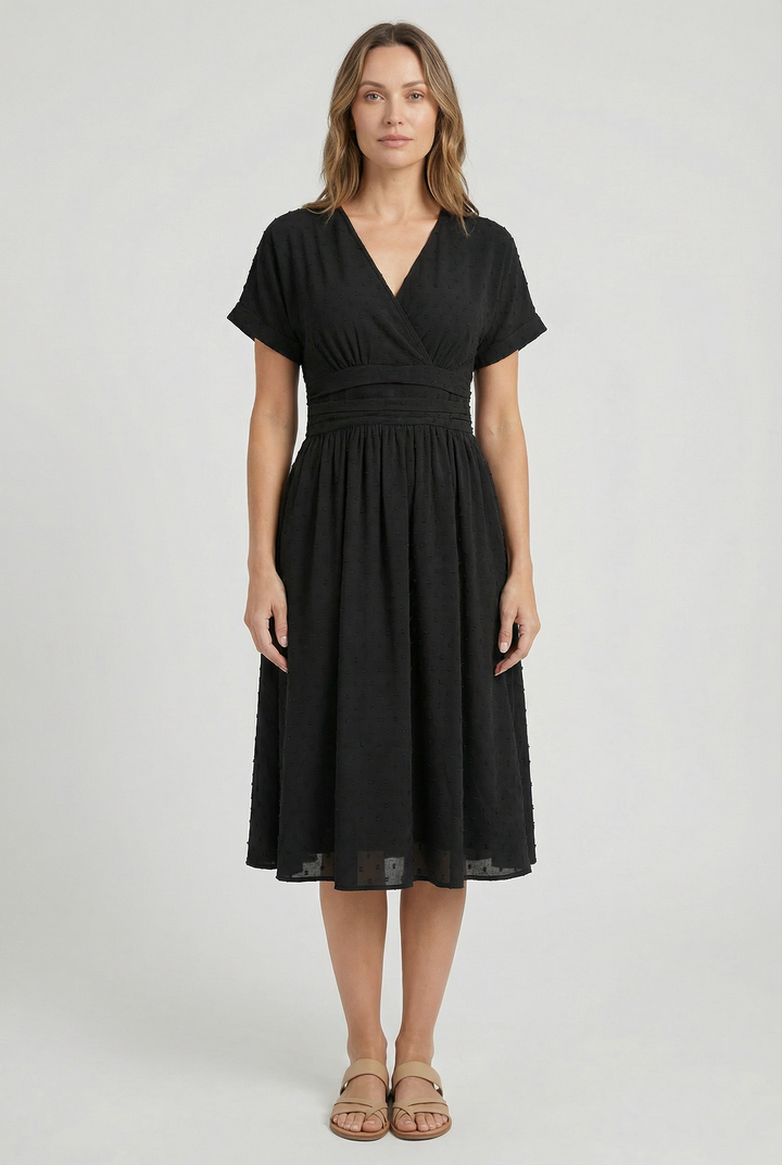 Elegant women's V-neck midi cocktail dress, a versatile sleeveless party wear option.