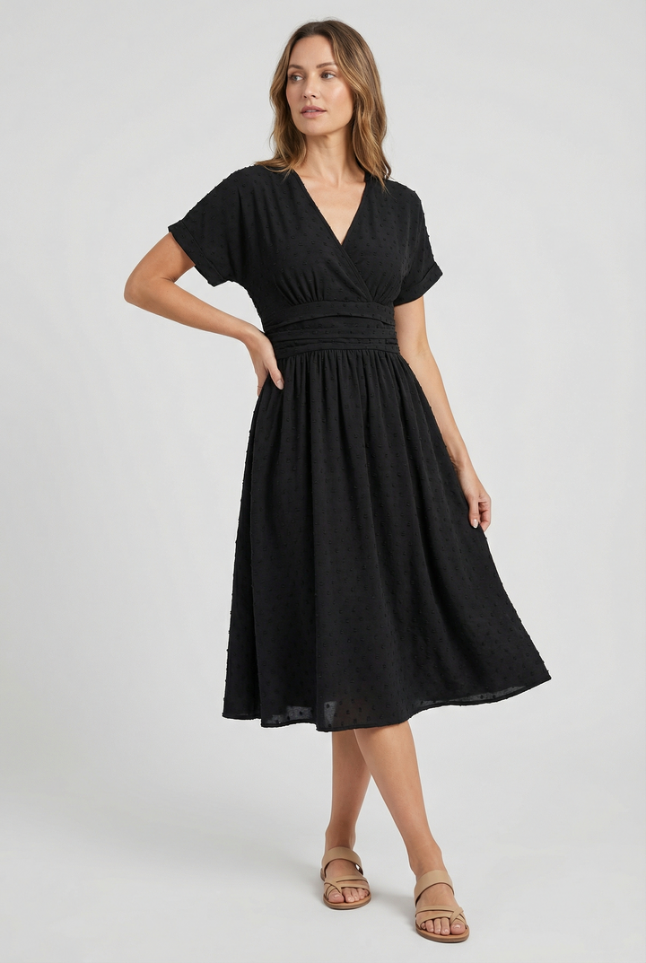 Elegant V-neck midi evening dress for women, perfect as a cocktail or formal party outfit.