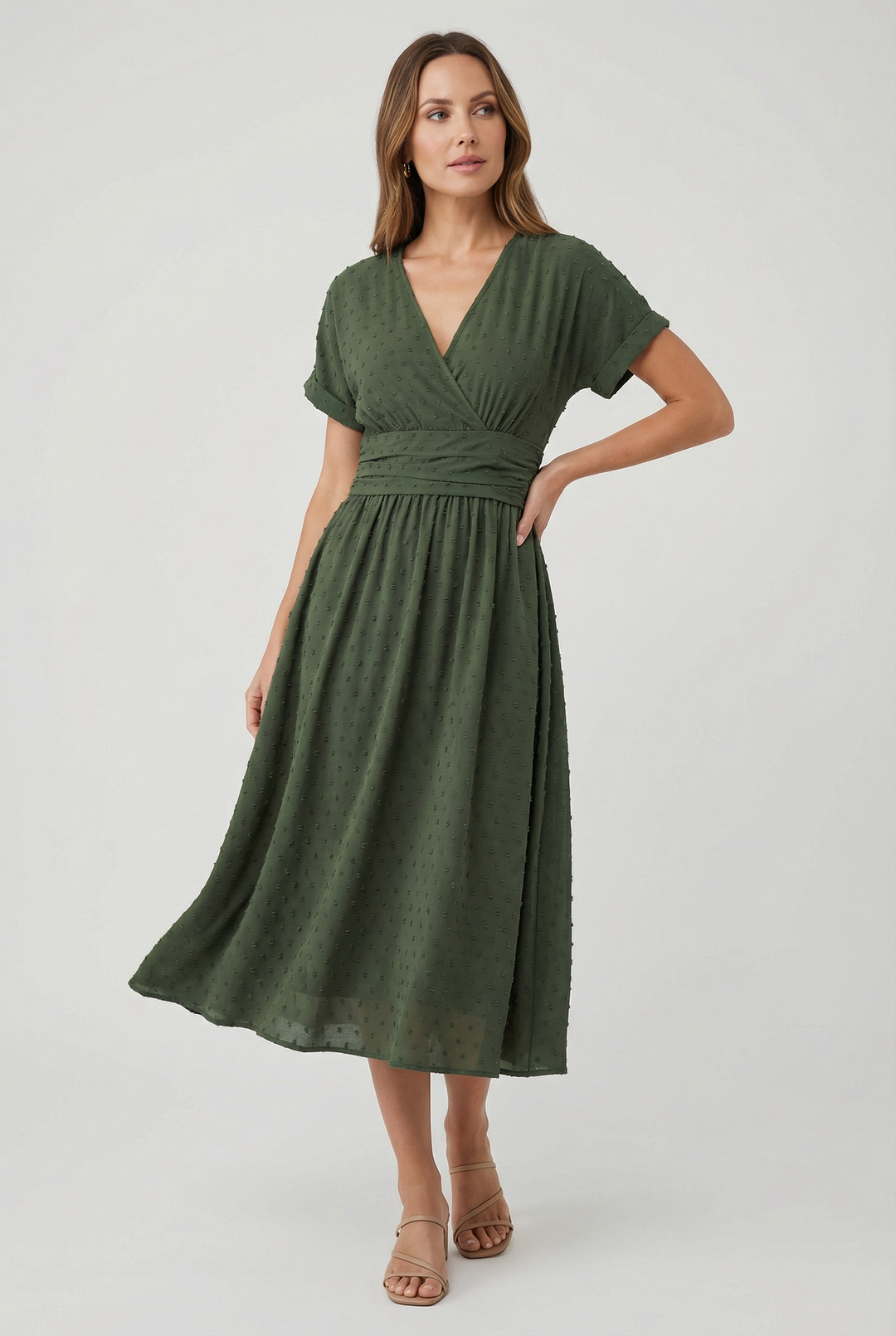 Versatile women's midi dress with V-neck & flared skirt, ideal for casual elegant or formal events.