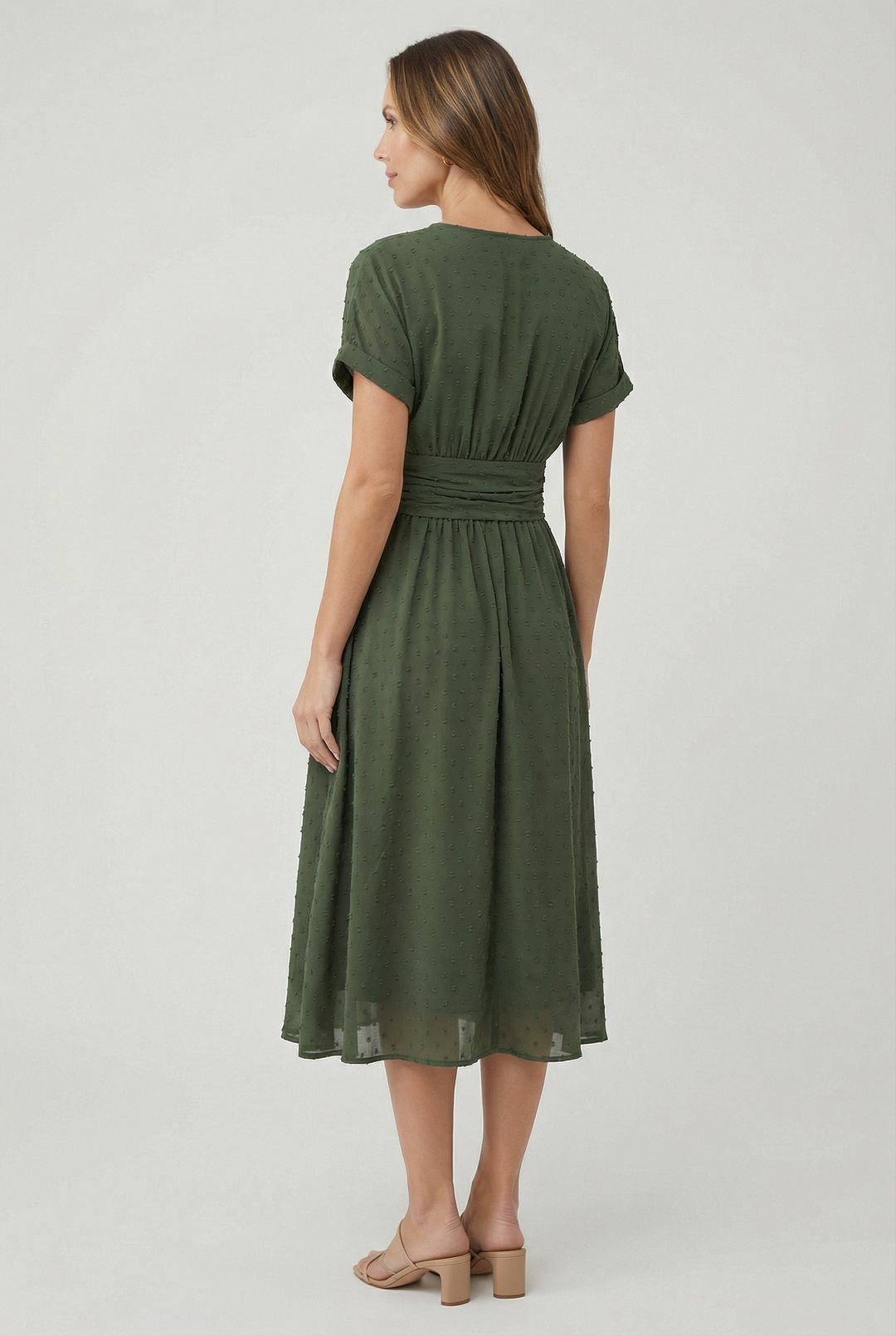 Sleeveless V-neck midi cocktail dress for women, featuring a pleated waist & flared skirt.