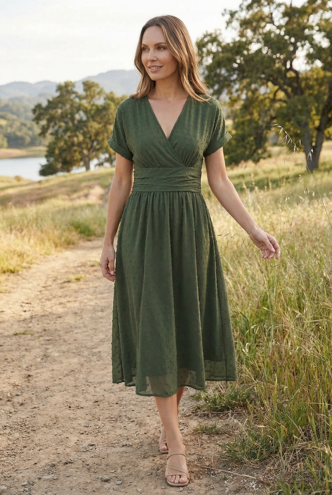 Chic women's party dress, a V-neck midi cocktail style with an elegant flared skirt.