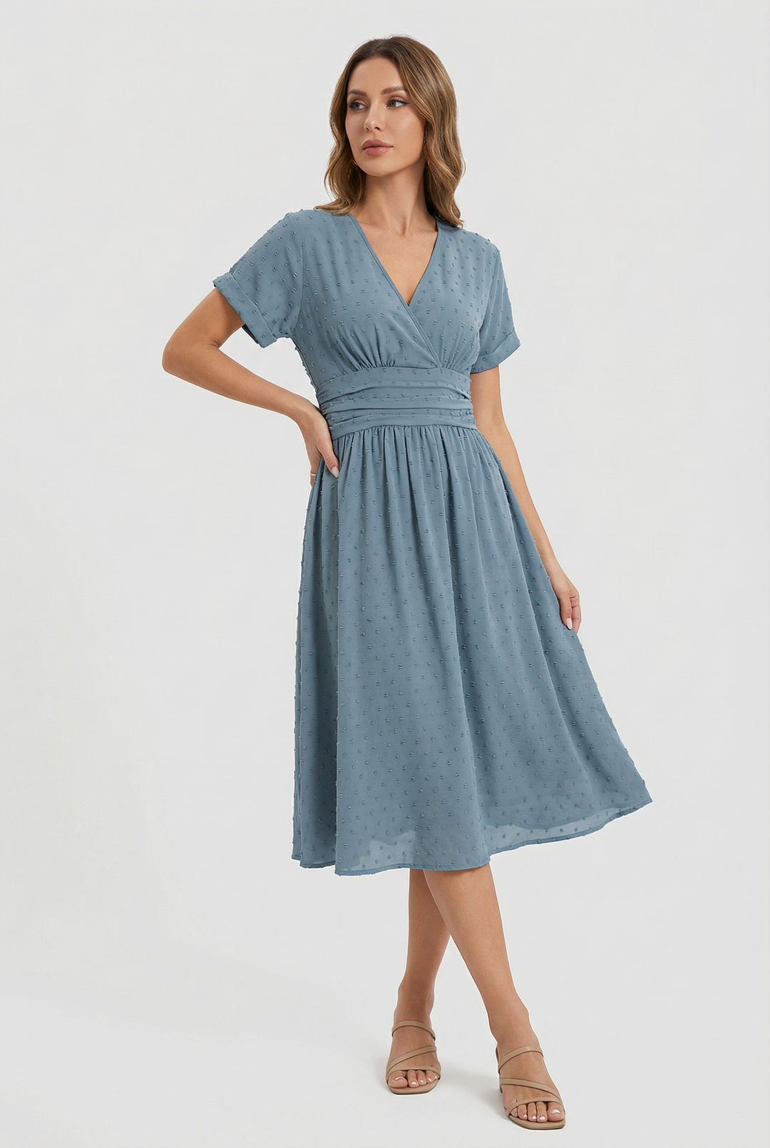 Elegant women's midi dress with V-neck & flared skirt, a chic cocktail & party wear option.