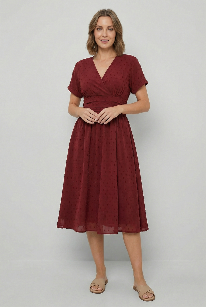 Sleeveless V-neck midi dress for women, an elegant cocktail & party outfit with a pleated waist.