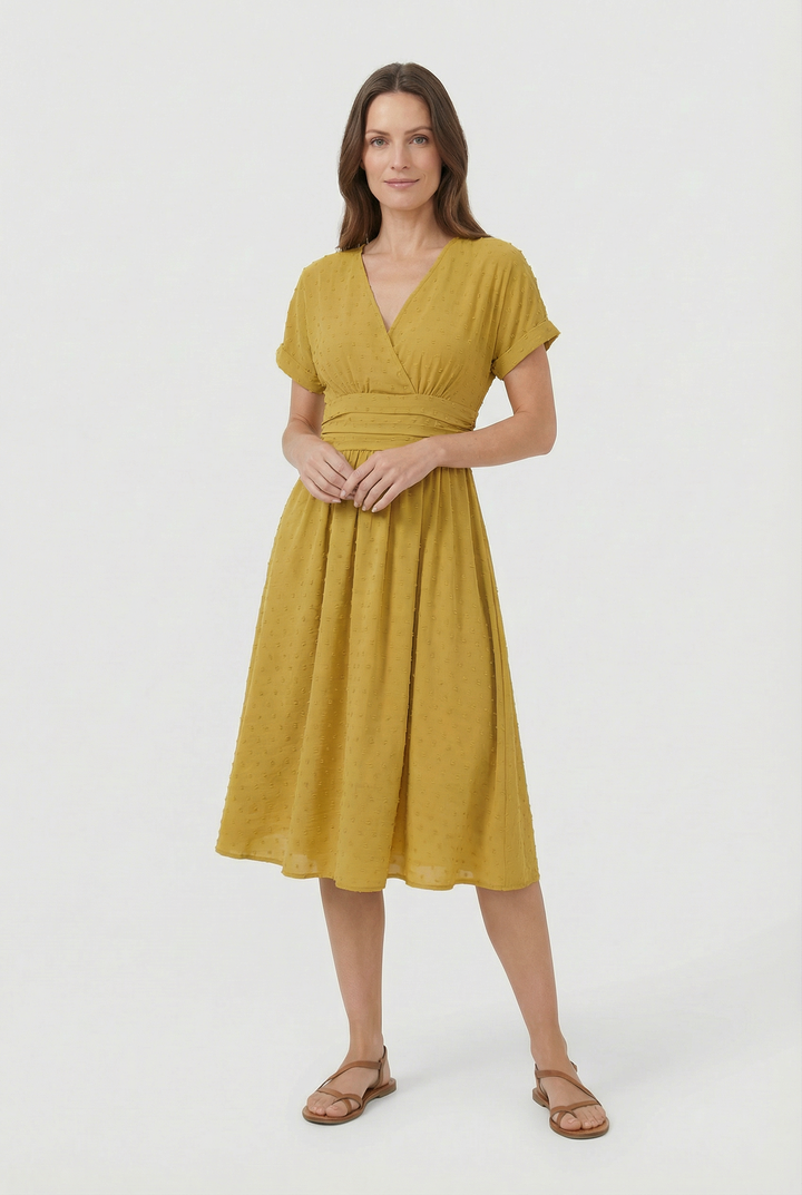 V-neck midi cocktail dress for women, featuring a chic pleated waist and elegant flared skirt.