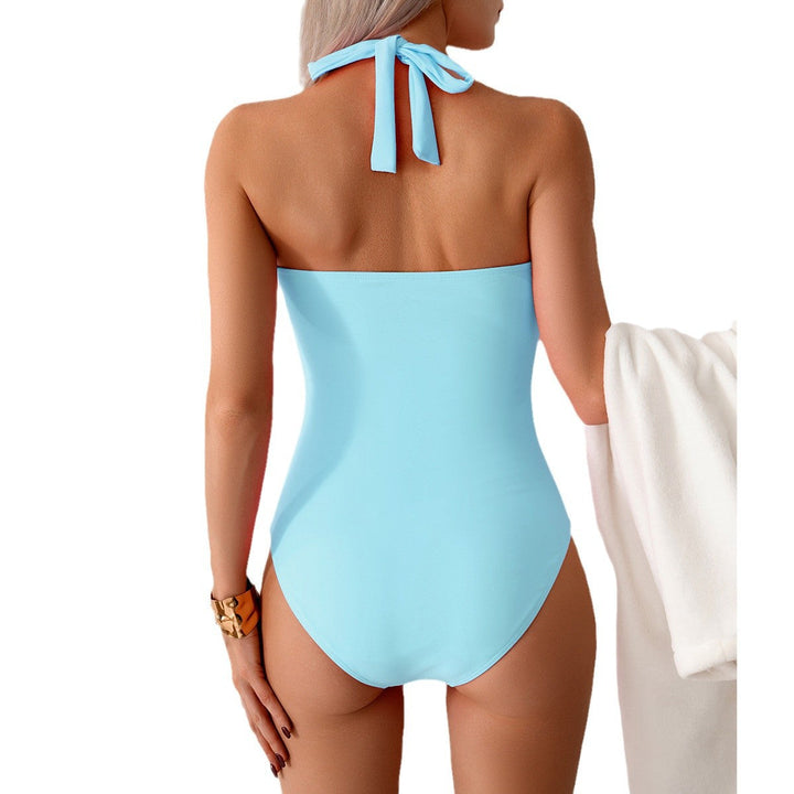 Smooth fabric V-neck one-piece swimsuit, women's elegant swimwear for flattering poolside look.