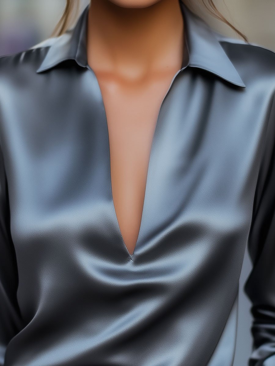 Women's sleek satin V-neck blouse in a vibrant color, ideal for summer style and casual chic