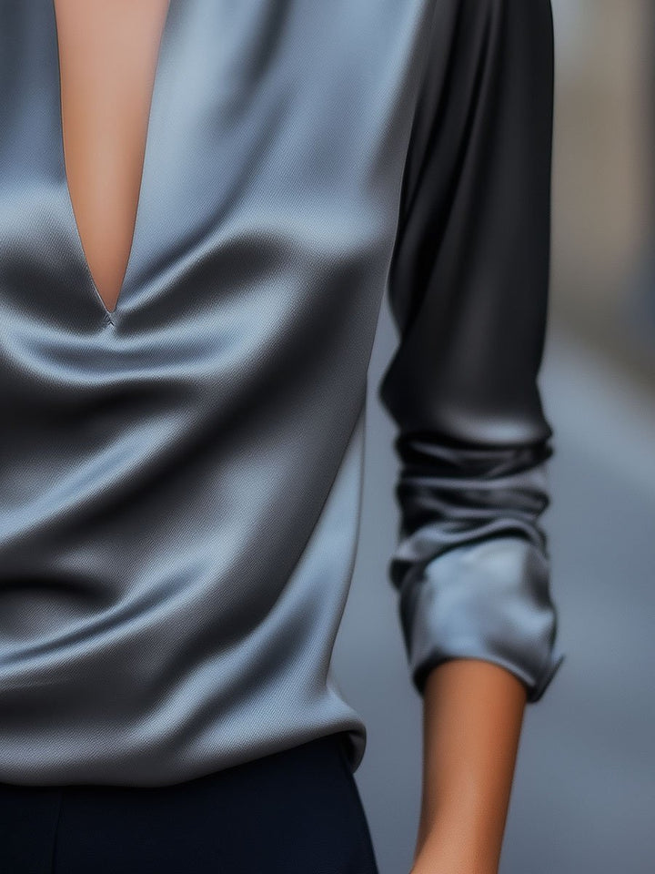 Stylish V-neck satin top for women, long-sleeved. A versatile fashion blouse for any occasion