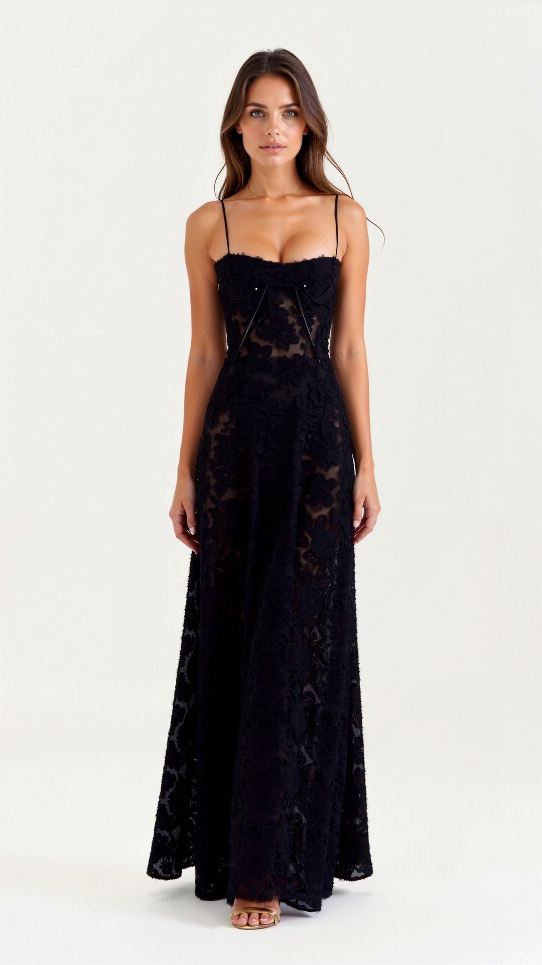 Full-length shot of a woman wearing an elegant bustier maxi dress, ideal for weddings.