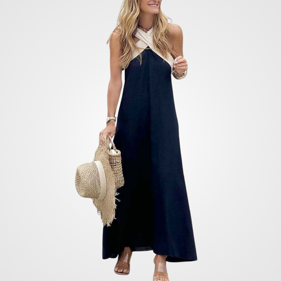 Elegant white cross neck A-line midi dress for women, perfect summer vacation outfit