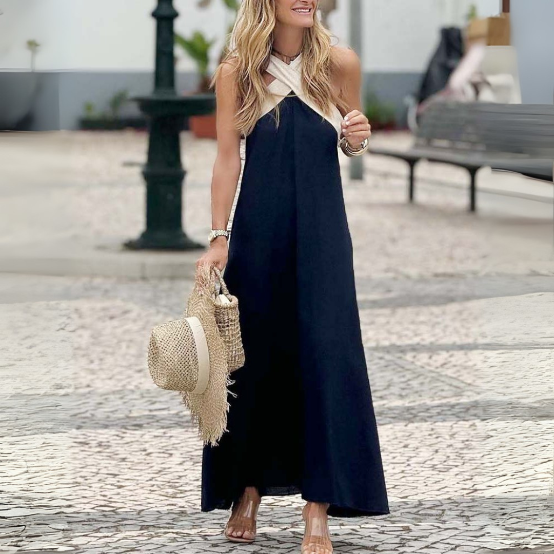 White A-line midi dress, women's elegant cross neck style, great for casual summer wear