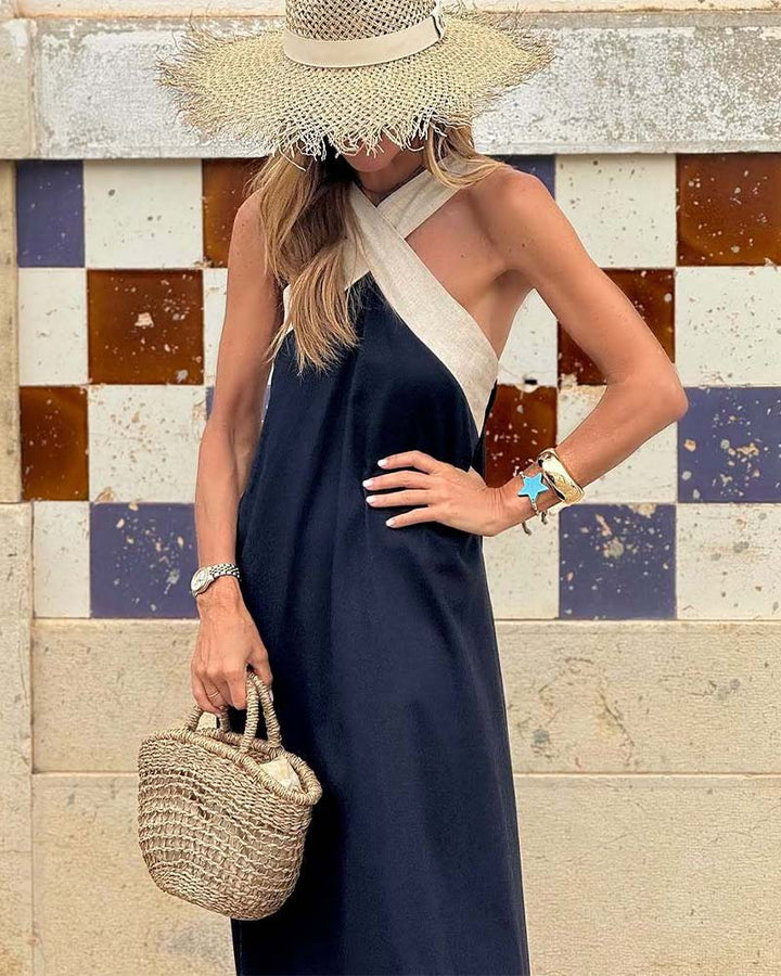 Detailed view of women's cross neck A-line midi dress, showcasing elegant CL05 design