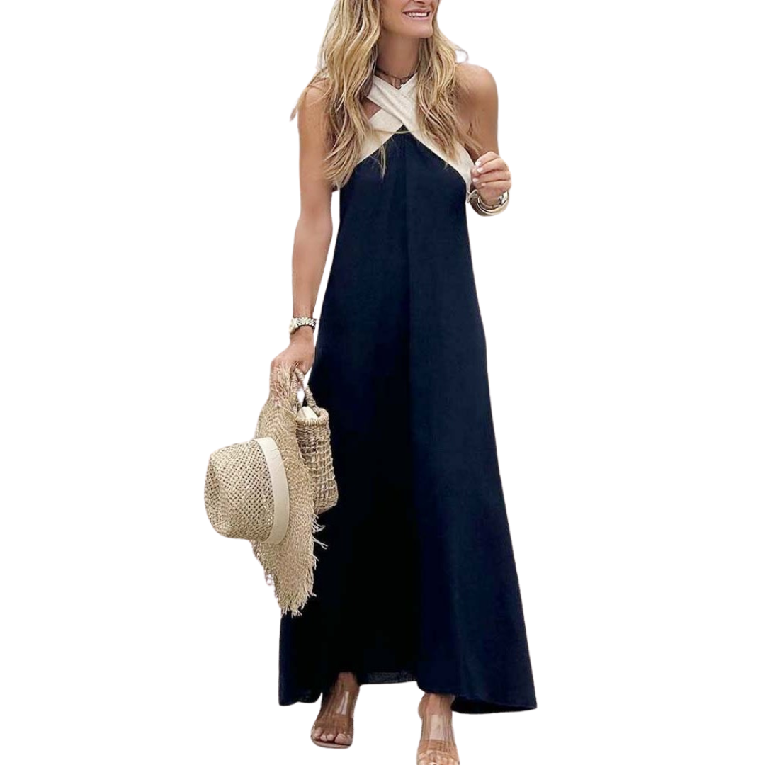Full length shot of CL05 white cross neck A-line midi dress, perfect summer style