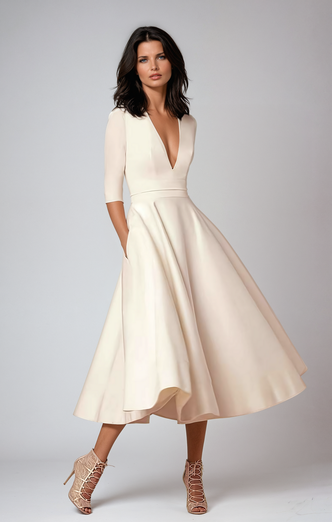 Elegant white flared midi dress for women, ideal formal wedding guest or summer occasion wear.