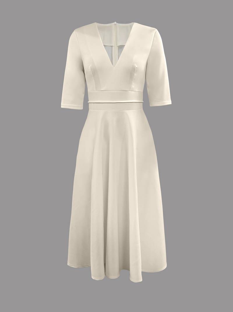 Women's elegant white flared midi dress, perfect as a wedding guest dress or summer formal wear.
