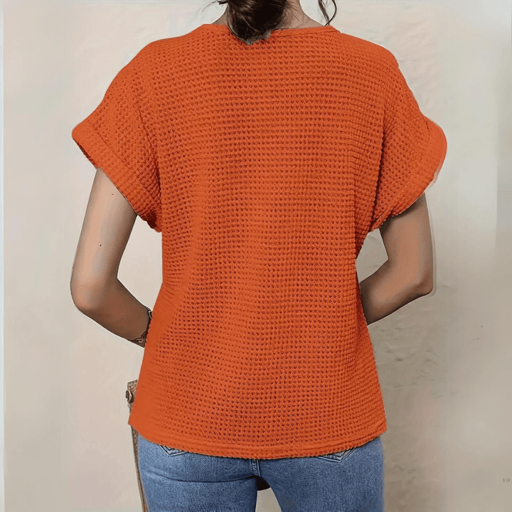 Full view of women's elegant lace detail long sleeve blouse, perfect for summer