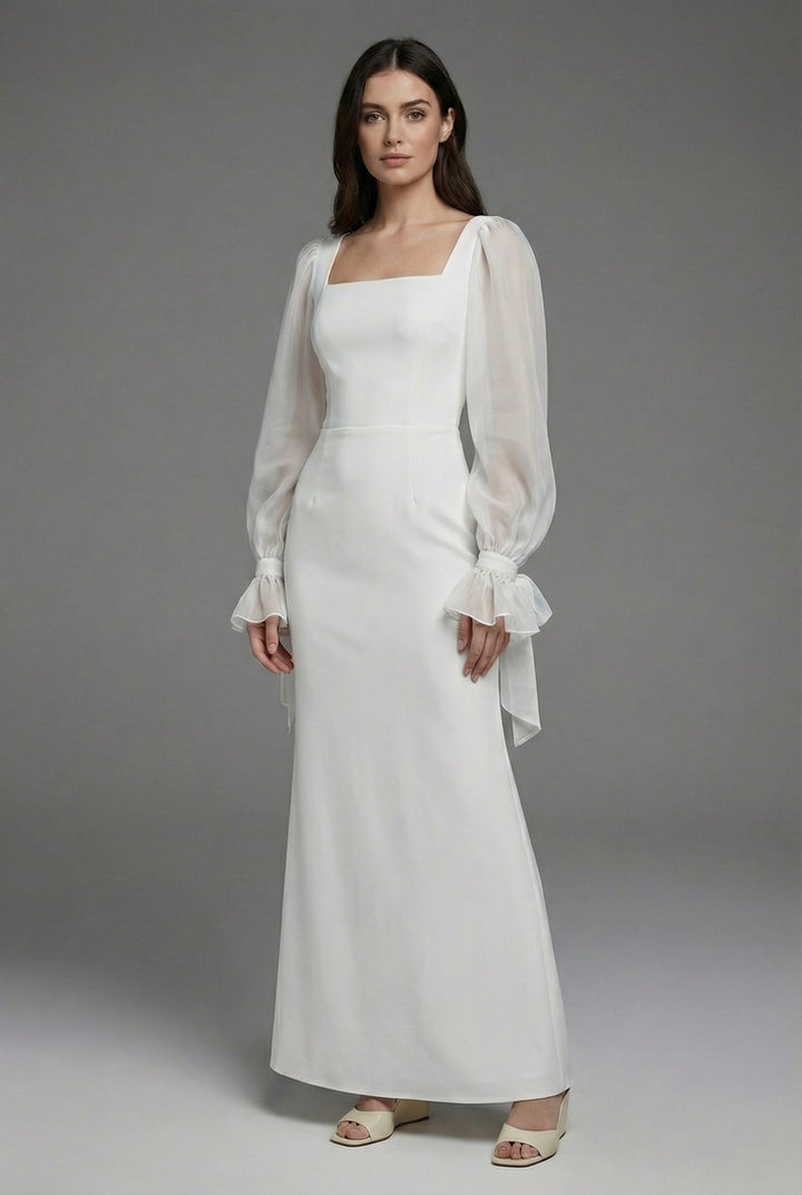 Elegant white long sleeve square neck maxi dress, perfect for wedding guests, formal events, or evening parties.