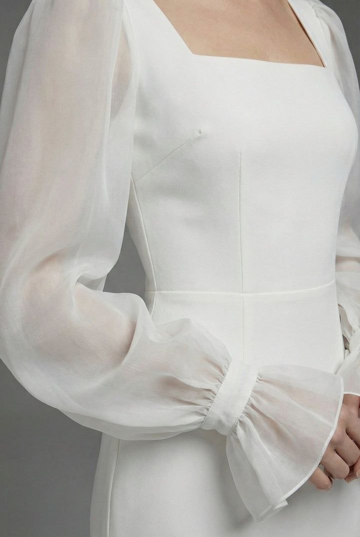 Women's white wedding guest maxi dress, an elegant formal gown with long sleeves and a stylish square neckline.