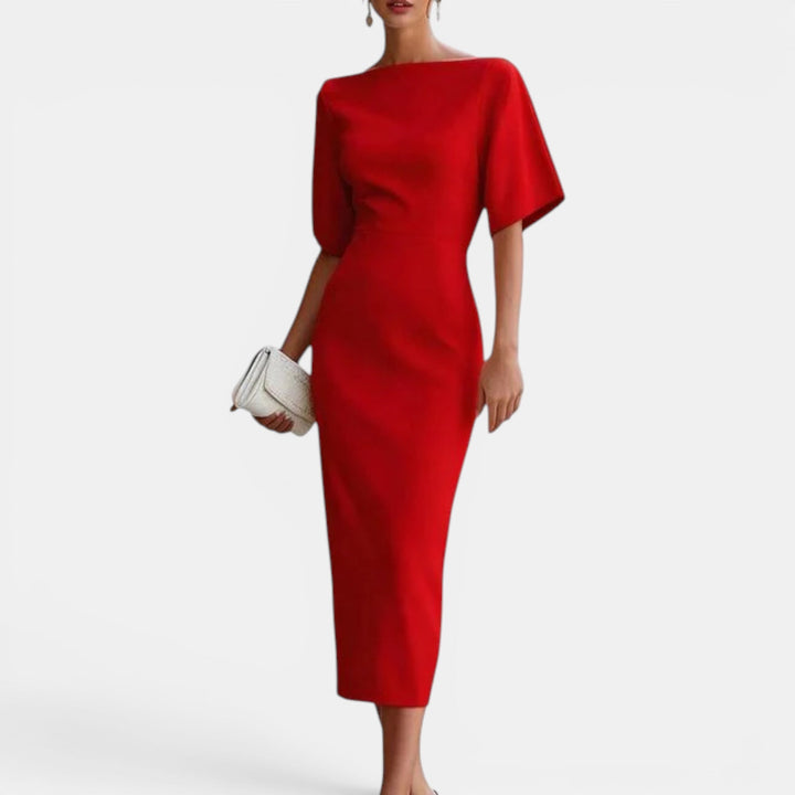 Chic women's red midi dress, ideal for summer parties & formal events. Versatile occasion wear.