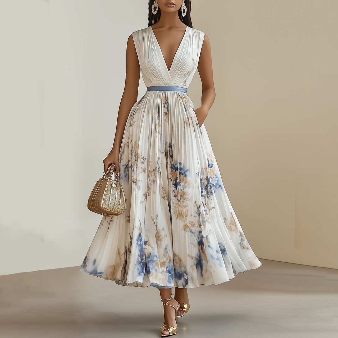 Elegant white pleated V-neck midi dress for women, ideal for spring casual or formal occasions