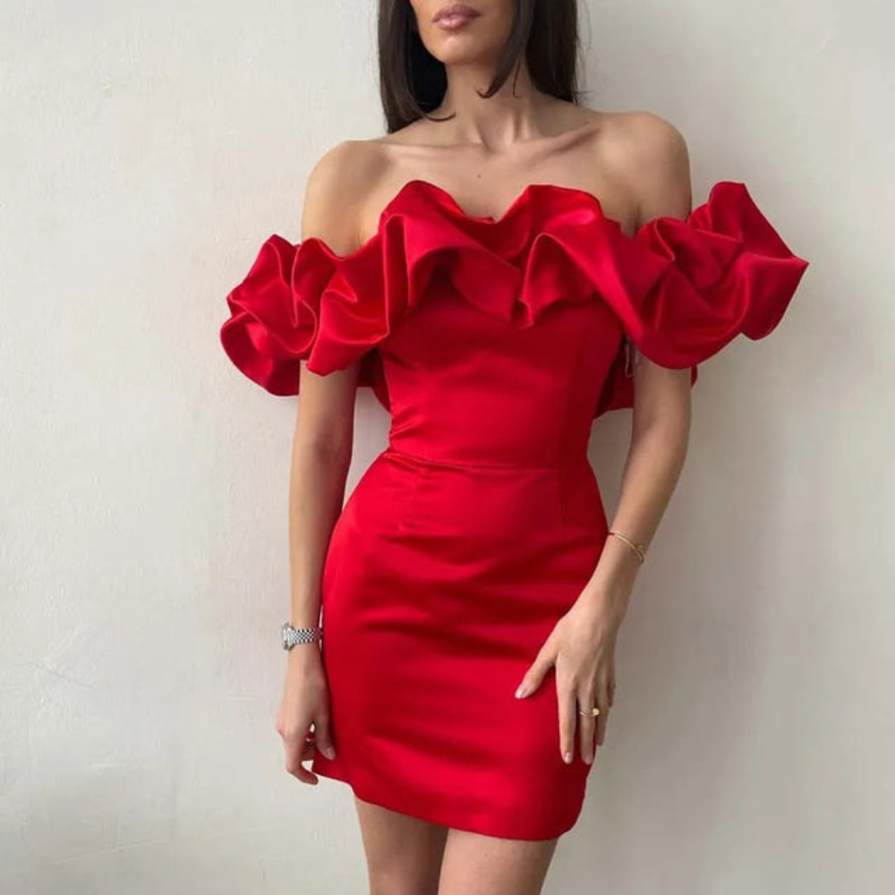 Vibrant red ruffle mini dress, a fashionable choice for summer parties and special events