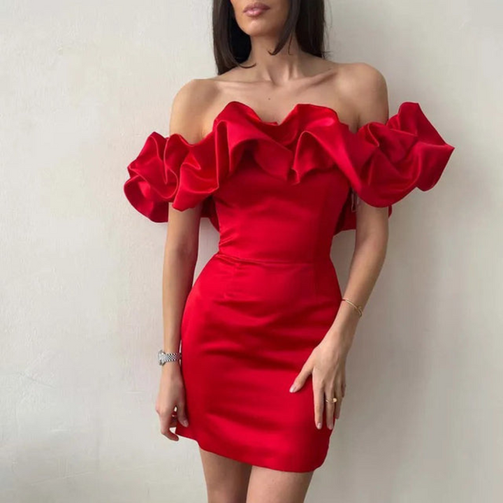 Vibrant red ruffle mini dress, a fashionable choice for summer parties and special events