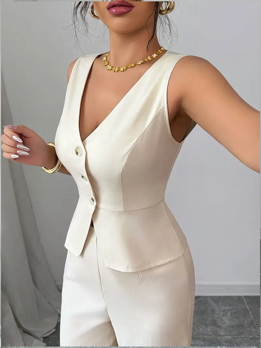 Elegant white sleeveless wide-leg jumpsuit set for women, perfect for spring or summer casual chic