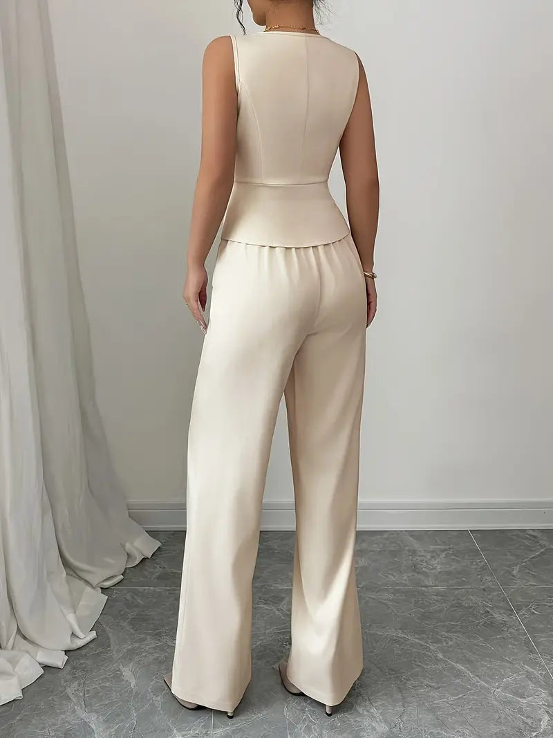 Stylish women's white sleeveless wide-leg jumpsuit set, a versatile and trendy spring-summer outfit